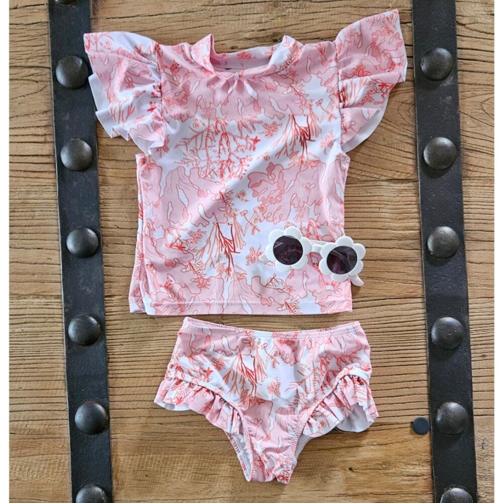 Shein 3 piece rashguard orange coral reef swimsuit sz 3Y